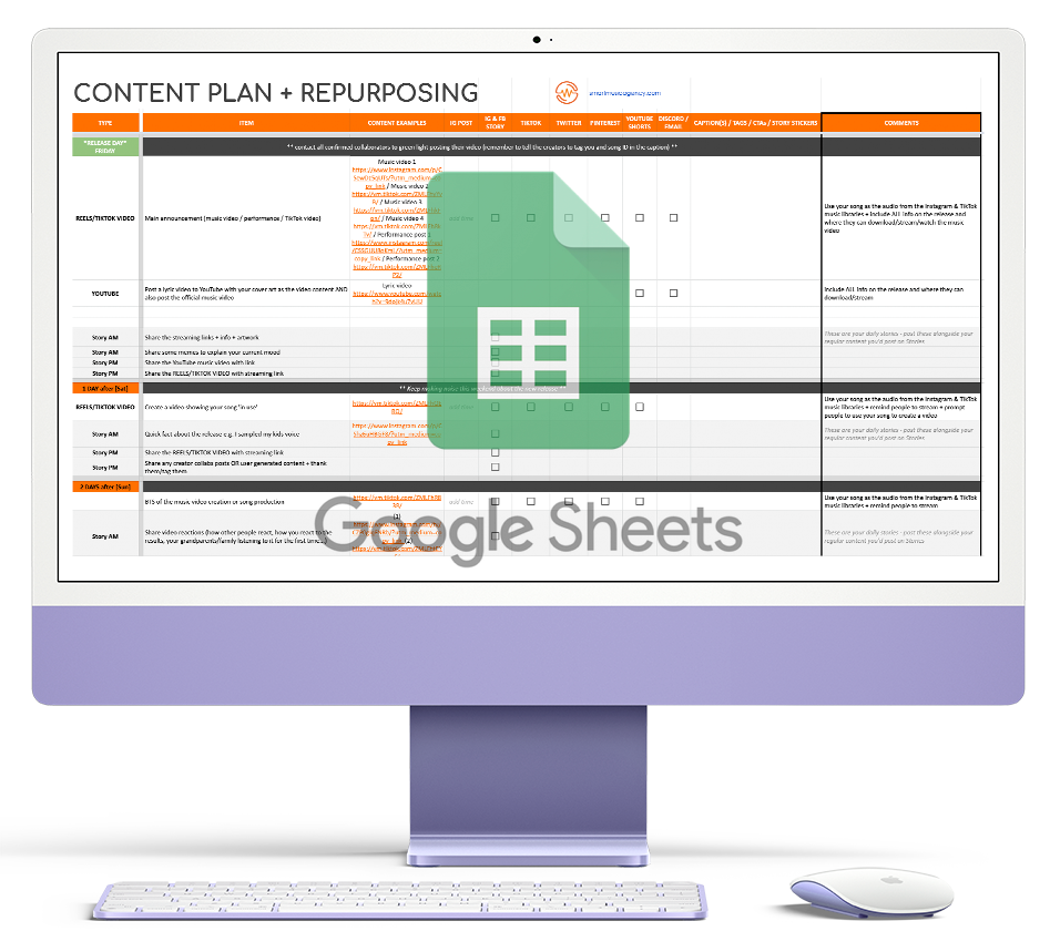 Mockup view of the 6 week content calendar for music releases on a desktop view with a Google Sheets logo
